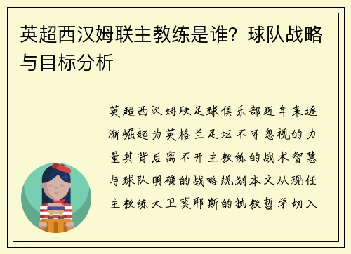 英超西汉姆联主教练是谁？球队战略与目标分析